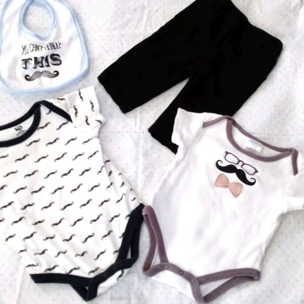 Baby set mustache set 2 onesie 1 pant 1 bib 3-6mt